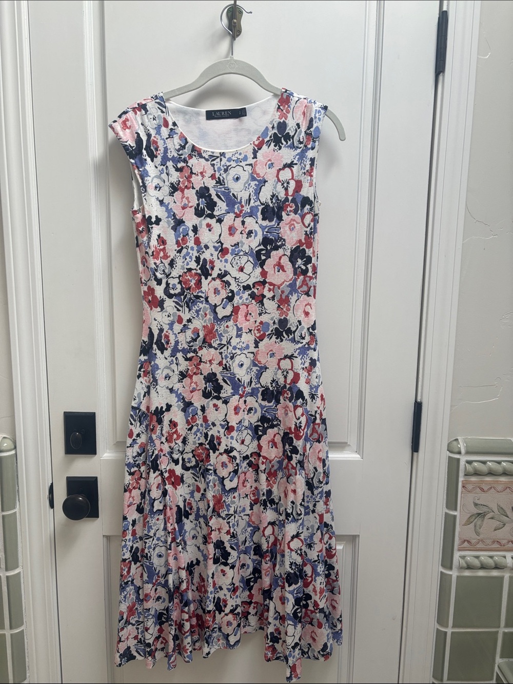Ralph Lauren White Floral Midi Dress with Navy and Pink Blossoms